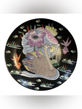 CPC Hand Painted Swan & Fish Floral Pond Etched Porcelain China Decorative Plate